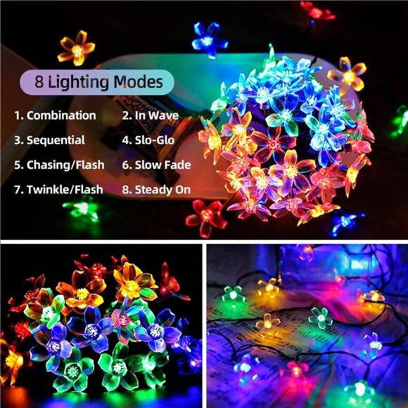Solar String Flower Lights Outdoor Waterproof 50 LED Fairy Light Decorations - Picture 4 of 7